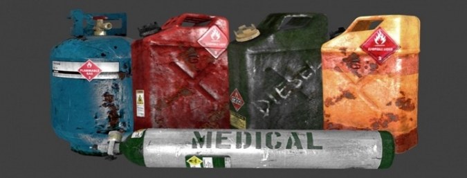 Detailed Rusty Jerrycans, Propane and Oxygen Tanks